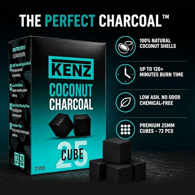 KENZ Coconut Charcoal Cubes 25 mm — 100% Natural, Low Ash, 72 pcs