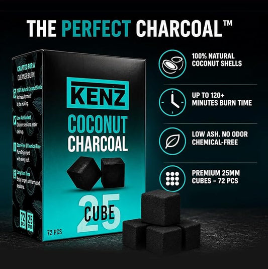 KENZ Coconut Charcoal Cubes 25 mm — 100% Natural, Low Ash, 72 pcs