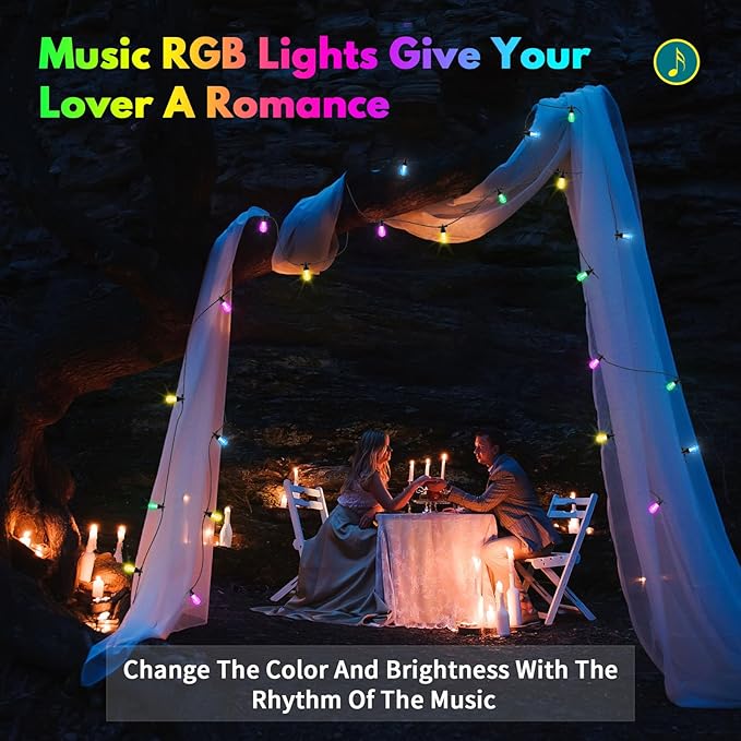 BBG Outdoor String Lights 50FT RGBW - 2700K Patio Lights Outdoor Waterproof, 24V Stable Power System, 20 Shatterproof Bulbs, Dimmable, APP & Remote Control, Linkable, Music Sync, Timer for Backyard