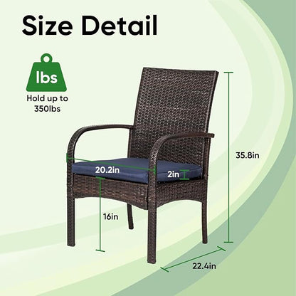 Outdoor Wicker Patio Dining Chairs with Padded Cushions Set of 2: Porch Rattan Chairs Club Chairs with High Back and Deep Seating 350lbs, Brown