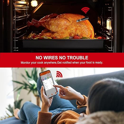 Wireless Meat Thermometer – Digital Cooking Thermometer with Wireless Probe – 500Ft Remote Range Food Thermometer – with iOS & Android Read App -Preprogrammed Temperatures for BBQ, Grill, Oven