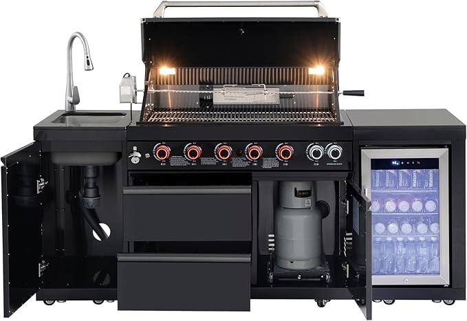 82" Modular Outdoor Kitchen Island with Grill, 6-Burner 83,500 BTU Propane BBQ Island, 304 Stainless Steel, Refrigerator, Sink & Rotisserie, for Backyard and Patio Cooking, Black