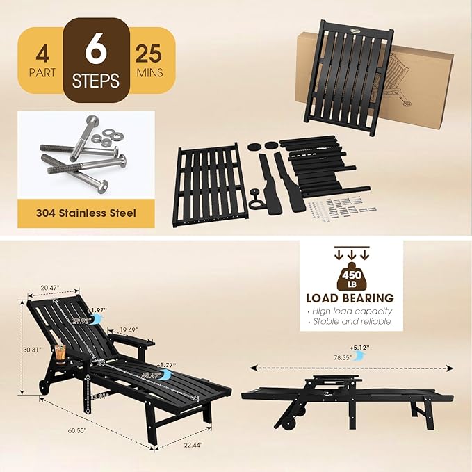 THOEOE Patio Chaise Lounge Chair, Oversized Lounge Chair Outdoor with 5 Positions, 78″ Long, HDPE, Patio Lounge Chair with Wheels & Cup Holder for Pool, Deck, Poolside,Black