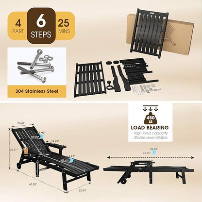 THOEOE Patio Chaise Lounge Chair, Oversized Lounge Chair Outdoor with 5 Positions, 78″ Long, HDPE, Patio Lounge Chair with Wheels & Cup Holder for Pool, Deck, Poolside,Black