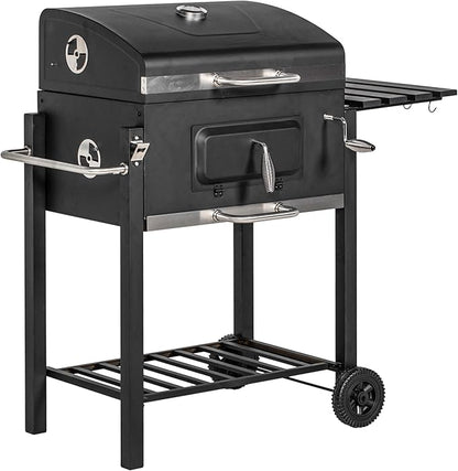 Charcoal BBQ Grill, Outdoor Portable Cooker for Camping or Backyard Picnic with Side Table, Bottom Storage Shelf, Wheels and Handle, Black