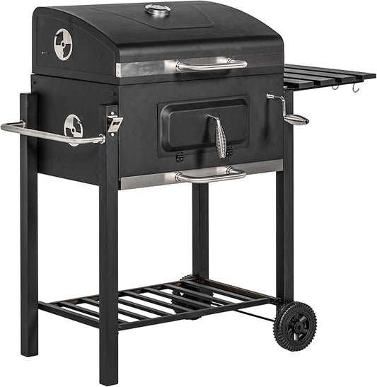 Charcoal BBQ Grill, Outdoor Portable Cooker for Camping or Backyard Picnic with Side Table, Bottom Storage Shelf, Wheels and Handle, Black