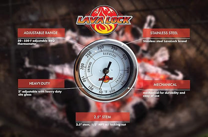 LavaLock® 3" Adjustable Gas Charcoal Smoker Pit Grill BBQ Thermometer Electric Heavy Duty Stainless 2.5" stem