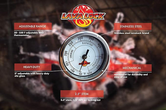 LavaLock® 3" Adjustable Gas Charcoal Smoker Pit Grill BBQ Thermometer Electric Heavy Duty Stainless 2.5" stem