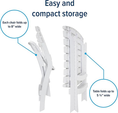 Camco Outdoor Table and Chair Set | Features Foldable Design for Compact RV Storage and Organization | Great for Camping, Events, Patios, and More | No-Tool Assembly | 3-Piece, White (51640)