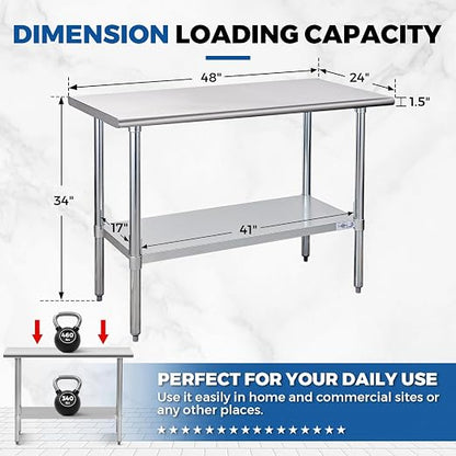 Profeeshaw Stainless Steel Prep Table 24''x48'' NSF Commercial Workbench | Metal Work Table, with Undershelf leveling feet; Heavy Duty Table for Kitchen, Restaurant, Home, Gargae, Hotel, 18-gauge 430