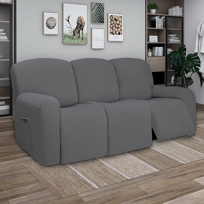 PureFit Super Stretch 3 Seats Recliner Sofa Couch Cover with Pocket | Non Slip Soft Sofa Slipcover, Washable Spandex Reclining Furniture Protector for Kids, Pets (Recliner Sofa, Gray)