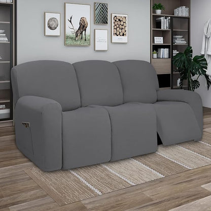 PureFit Super Stretch 3 Seats Recliner Sofa Couch Cover with Pocket | Non Slip Soft Sofa Slipcover, Washable Spandex Reclining Furniture Protector for Kids, Pets (Recliner Sofa, Gray)