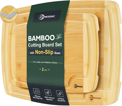 Bamboo Cutting Board Set Non Slip Feet Butcher Block 2-Pcs With Smooth Surface Knife-Friendly and Easy Storage For Kitchens Meal Prep & Serving Kitchen Gadgets