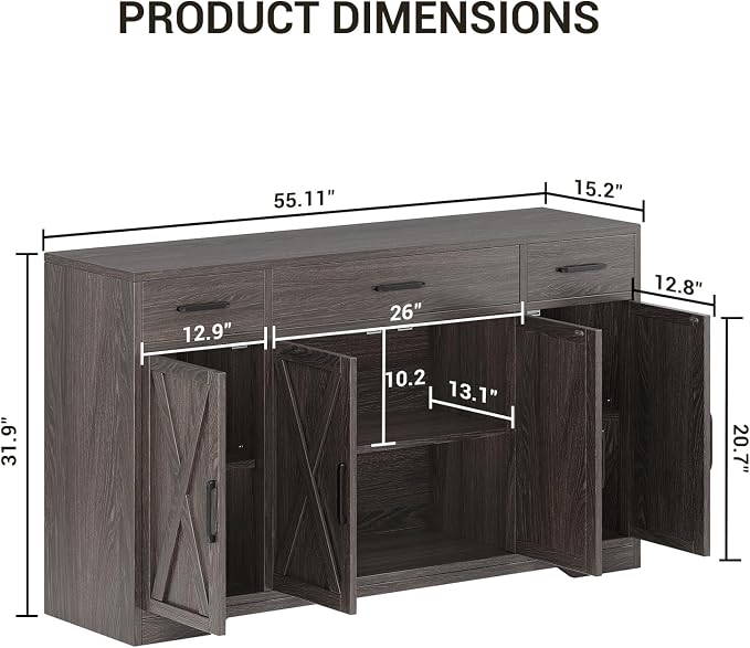 Garvee 55 in Large Buffet Sideboard Cabinet with Storage 4 Doors and 3 Drawers Kitchen Storage Cabinet Coffee Bar Buffet Table for Dining Room, Living Room, Adjustable Shelf