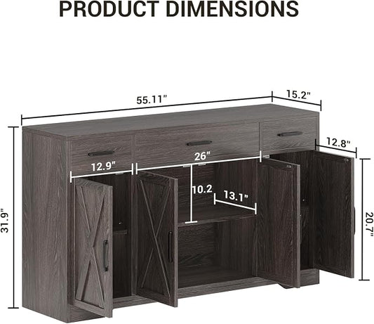 Garvee 55 in Large Buffet Sideboard Cabinet with Storage 4 Doors and 3 Drawers Kitchen Storage Cabinet Coffee Bar Buffet Table for Dining Room, Living Room, Adjustable Shelf