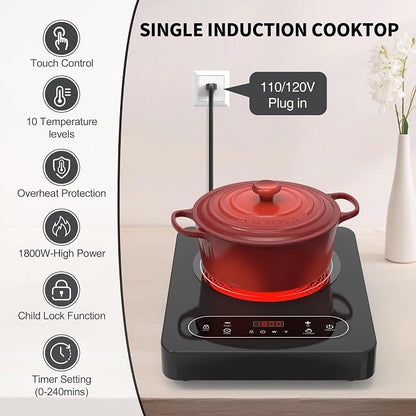 VBGK Single Burner Electric Cooktop,110V 1800W Electric Stove Top with LED Touch Control,10 Power Levels, 4 hTimer, Safety Lock,Portable cooktop,Overheat protection