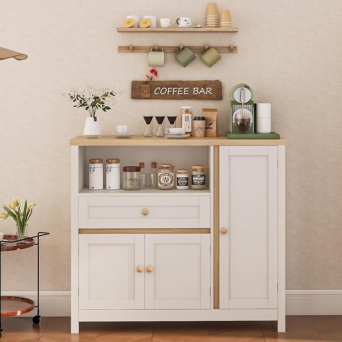 Viaozutis Coffee Bar Cabinet with Doors and Drawer, 35.4" Kitchen Storage Cabinet with Adjustable Shelf, Freestanding Buffet Sideboard for Dining Room, Bathroom, Entryway, White