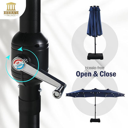 15ft Patio Umbrella with Solar lights & Base, Large Umbrellas, Navy Blue | HERA'S PALACE Rectangle Double Market Umbrella with 36 LED Lights, Big Outdoor Umbrellas for Pool Picnic Inground Yard Deck