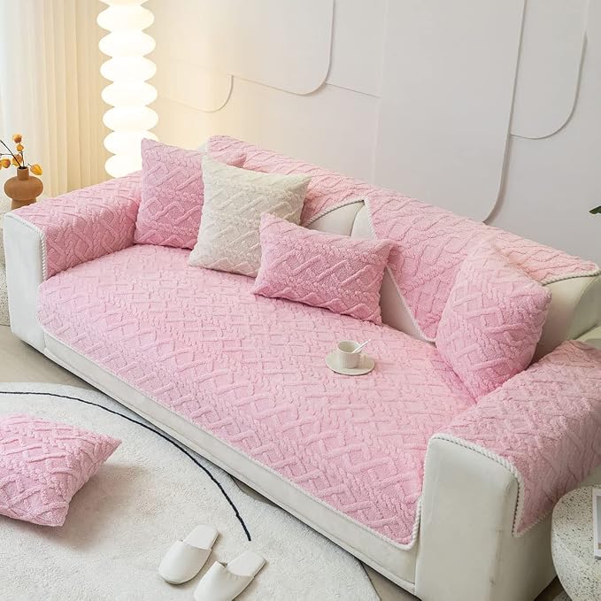 vctops Geometric Jacquard Plush Sofa Couch Covers Farmhouse Neutral Non Slip Sectional Couch Cover Soft Warm Sofa Slipcover for Dogs, Children, Pets Furniture Protector (Pink,36"x63")