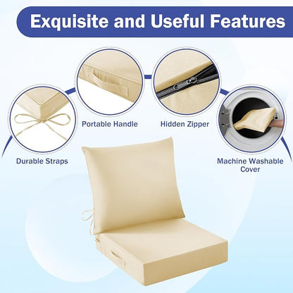 IASEAHK Outdoor Seat Cushion Set, Waterproof & Fade Resistant Patio Chair Cushions, Outdoors Cushion for Patio Furniture, 24 x 24 x 4 Inch, Outdoor Couch Cushions with Handle and Ties, Light Khaki