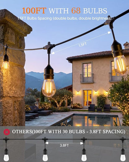 100FT S14 Outdoor String Lights, 64+4 Shatterproof Bulbs 2W, 1.5FT Spacing IP65 Waterproof| Dimmable with Remote, Heavy-Duty, Include Screw & Zip Ties for Patio Backyard Holiday Outside