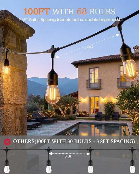 100FT S14 Outdoor String Lights, 64+4 Shatterproof Bulbs 2W, 1.5FT Spacing IP65 Waterproof| Dimmable with Remote, Heavy-Duty, Include Screw & Zip Ties for Patio Backyard Holiday Outside