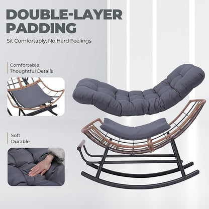 COMHOMA Outdoor Rocking Papasan Chair, Oversized Wicker Patio Rocker, Indoor Comfy Wicker Reading Lounge, Bed-Like Comfort Egg Chair for Bedroom,Balcony, Porch, Garden, Grey