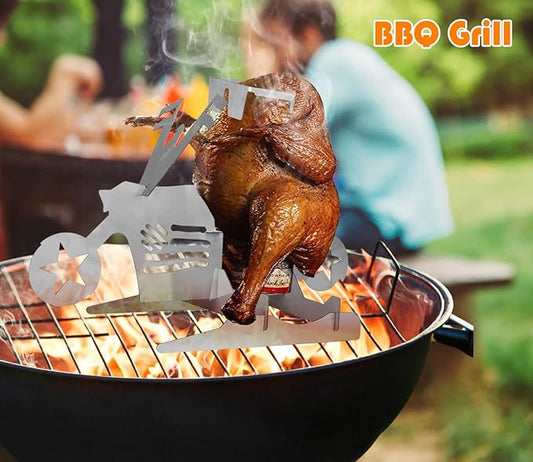 Chicken Holder Grill American Motorcycle BBQ, Portable Chicken Stand BBQ, Beer Can Holder Grill with Glasses, Chicken Grill for Oven Grill Oven Camping Kitchen Supplies Indoor Outdoor