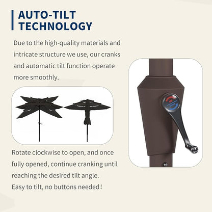 9FT 3 Tiers Patio Umbrella With Auto Tilt And Crank, Outdoor Table Market Umbrella with 8 Sturdy Ribs for Garden, Lawn, Deck, Backyard and Pool