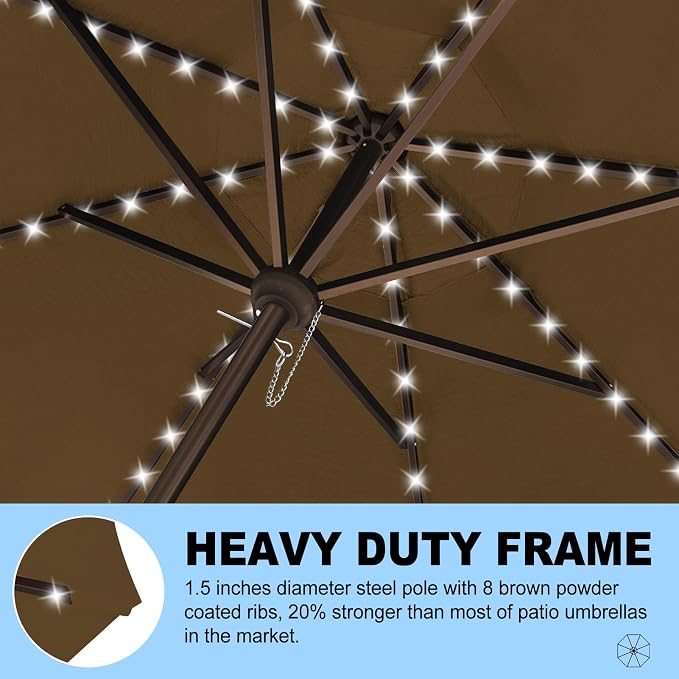 Eurmax USA 10-Year-Non-Fading 10FT Outdoor Patio Market Umbrella with LED Lights,UPF50+ UV Resistant,Heavy Duty Commercial Grade,Crank Lift Design,Windproof Vented Top for Garden,Pool,Deck,Chestnut