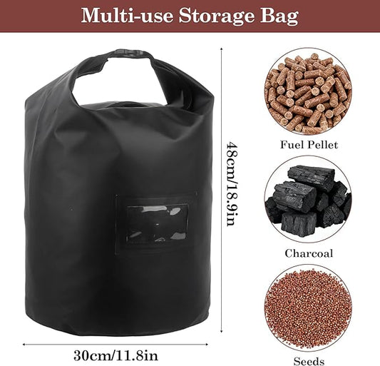 Klmnop 22 lbs Wood Pellet Storage Bag, Waterproof 500D Oxford Fabric Container with Handle and PVC Label Window for Pellets and Charcoal, Wood Chips(Black)