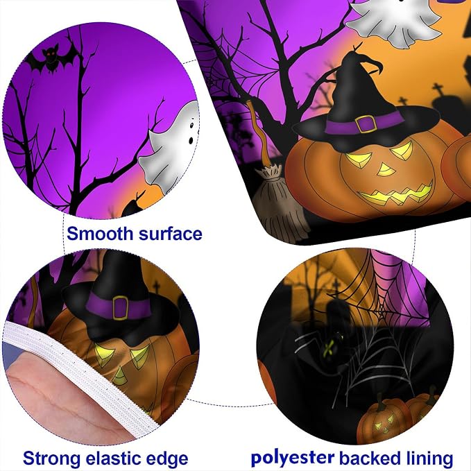 Halloween Picnic Table and Bench Fitted Tablecloth Cover, Pumpkins Ghost Waterproof Table Cover, 28x72 Inch, 3 Pieces Set, Outdoor Fitted Tablecloth for Camping Patio Park, Purple Orange