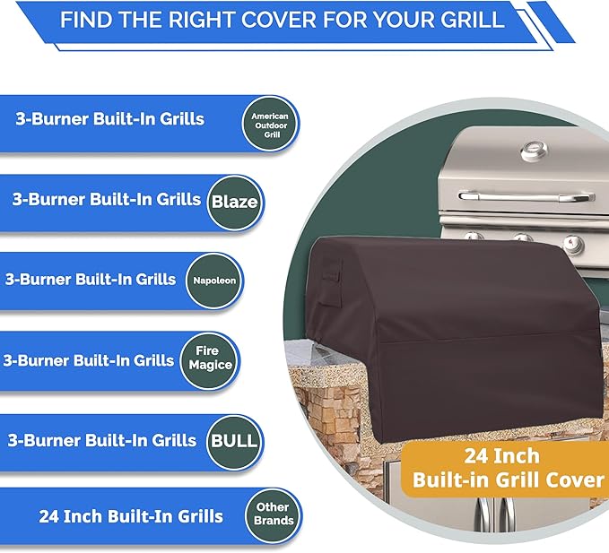 Covers & All Built-in Grill Cover for Outdoor Grill – Heavy Duty 12 oz Waterproof Built-in BBQ Grill Cover, PVC-Coated Polyester with Elastic Hem for Snug Fit (24 x 23.6 x 19.7 inches, Coffee)