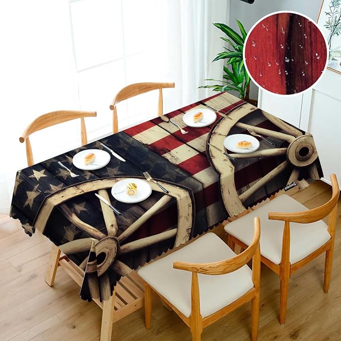 Swono American Flag 52"X70" Oblong Table Cloth Retro Wooden Wagon Wheels USA Flag Wrinkle Free Table Cover Farmhouse Tablecloth for Home Restaurant Picnic Indoor Outdoor Dining