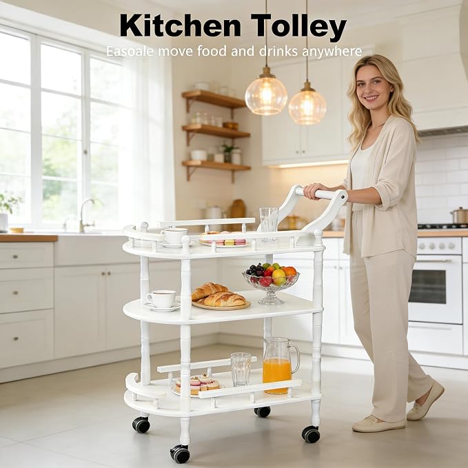 Entertainment Kitchen Cart, Midcentury Modern Imported rubberwood White Finished Wood 3-Tier Mobile Bar Cart Serving Cart