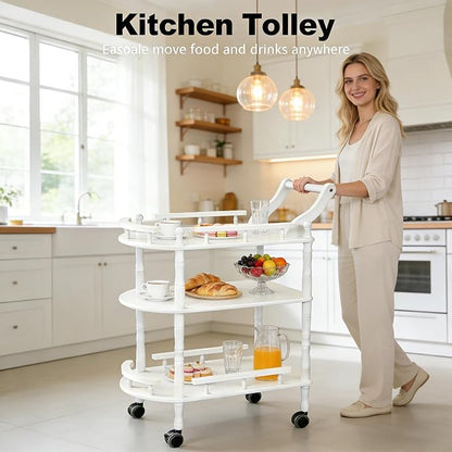 Entertainment Kitchen Cart, Midcentury Modern Imported rubberwood White Finished Wood 3-Tier Mobile Bar Cart Serving Cart