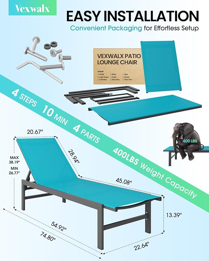 Vexwalx Outdoor Lounge Chairs Set of 2, Aluminum Patio Chaise Lounge Chairs with 5-Position Recliner, Pool Lounge Chairs for Backyard, Poolside, Deck, Lawn (Lakeblue)
