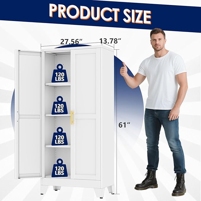 erosoei 61" H Metal Garage Storage Cabinet, Metal Pantry Cabinet with 2 Doors, Locker Steel Cabinet with 3 Adjustable Shelves, Freestanding Cupboard for Garage,Office,Home,Gym,School