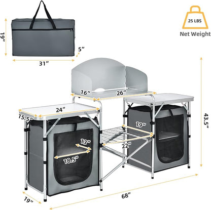 Giantex Camping Kitchen Station, Folding Grill Table with 26'' Tabletop, 2 Side Tables, Storage Organizer, Detachable Windscreen, Portable Camp Cook Outdoor Prep Station Backyard BBQ Picnic (Grey)