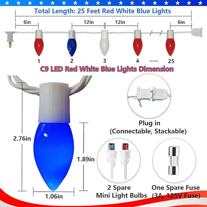 25Ft Red White and Blue Christmas Lights C9, 25 LED Fourth of July Light Shatterproof Plug in Outdoor Patriotic Lights for Patio Home Independence Day Memorial Day Christmas Decor