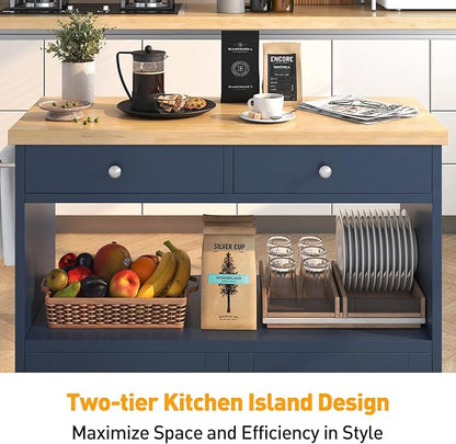knoworld Rolling Kitchen Island with Storage Cabinet, 35.4'' Width Kitchen Cart, 2 Drawers Island Table, Portable Mobile Kitchen Island with Towel Rack, Wood Top and Lockable Wheels, Blue
