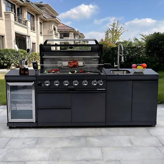 95'' Modular Outdoor Kitchen Island, 85000 BTU, LPG, Black | 6 Burner, 304 Stainless Steel, Outdoor Kitchens with Sink, Refrigerator, Rotisserie kit, Granite Countertops