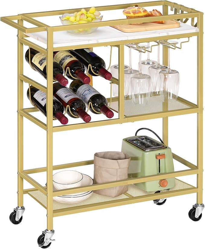 MAHANCRIS Bar Cart for Home, 3-Tier Serving Cart with Wheels and Handle, Beverage Cart with Wine Rack and Glass Holders, Rolling Wine Cart for Kitchen, Dining Room, Gold and White RCJM6101