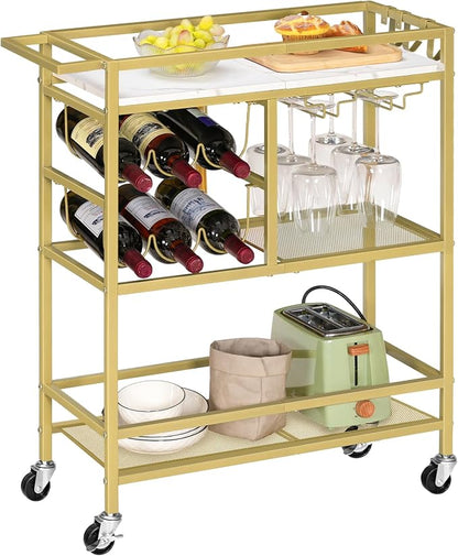 MAHANCRIS Bar Cart for Home, 3-Tier Serving Cart with Wheels and Handle, Beverage Cart with Wine Rack and Glass Holders, Rolling Wine Cart for Kitchen, Dining Room, Gold and White RCJM6101