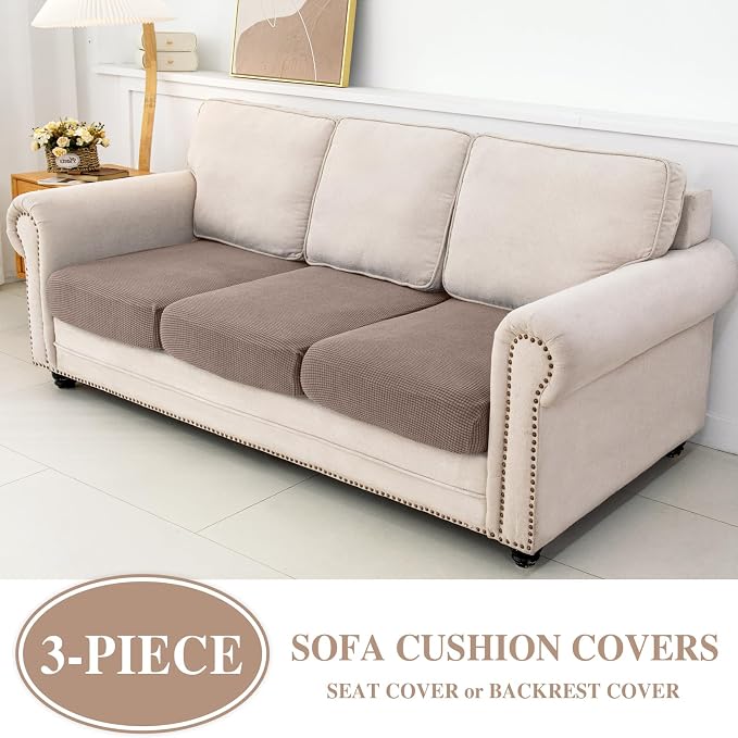 LA MEACK Couch Cushion Covers Seat Cushion Cover Stretch Couch Cover Separate Sectional Sofa Slipcovers Furniture Protector(3 Pieces for Seat or Sofa Backrest, Khaki)