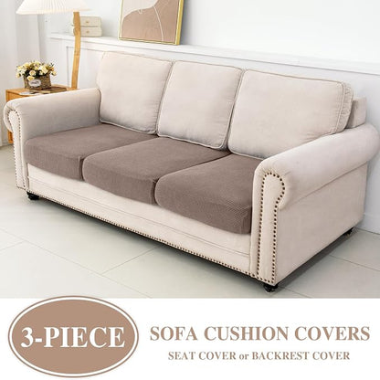 LA MEACK Couch Cushion Covers Seat Cushion Cover Stretch Couch Cover Separate Sectional Sofa Slipcovers Furniture Protector(3 Pieces for Seat or Sofa Backrest, Khaki)