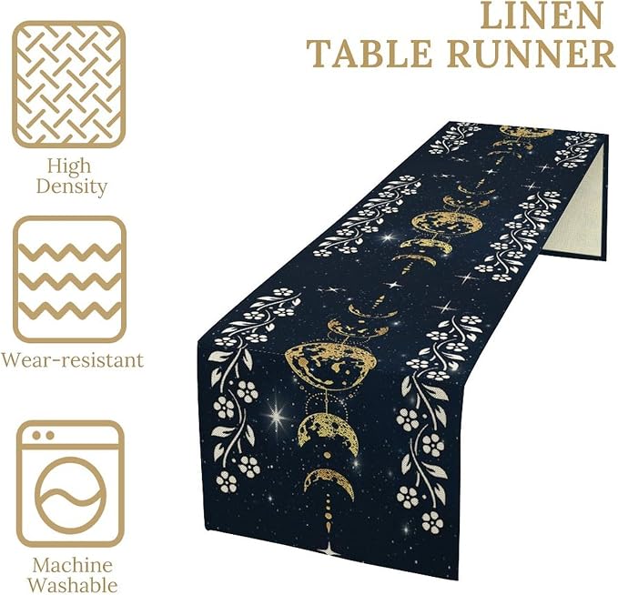 Cotton Linen Table Runner Moonlit Garden Kitchen Full Moon Starry Sky Colorful Boho Floral Flower Rectangle Table Collection Table Setting Decorations for Dinner Wedding Birthday Party 13x120 Inch