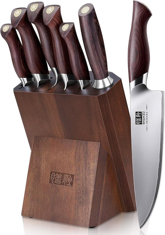 SHAN ZU 7 Pc Knife set, High Carbon Japanese 10Cr15Mov Stainless Steel Professional Kitchen Cooking Knives, Ultra Sharp Japanese Chef Knife Set with Ergonomic Pakkawood Handle