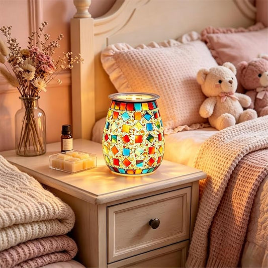 Dicimi Stained Glass Wax Warmer – Candle Lamp with Timer (2/4/8/10H+24H Cycle), Adjustable Heat/Light, 2-in-1 Melter & Night Light, Gift for Mom