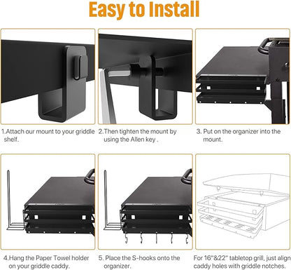 Improved Stainless Steel Griddle Caddy with Wobble-Free Paper Towel Holder for 28"/36" Blackstone Griddles, Space Saving BBQ Accessories Storage Box, Free from Drill Hole&Easy to Install